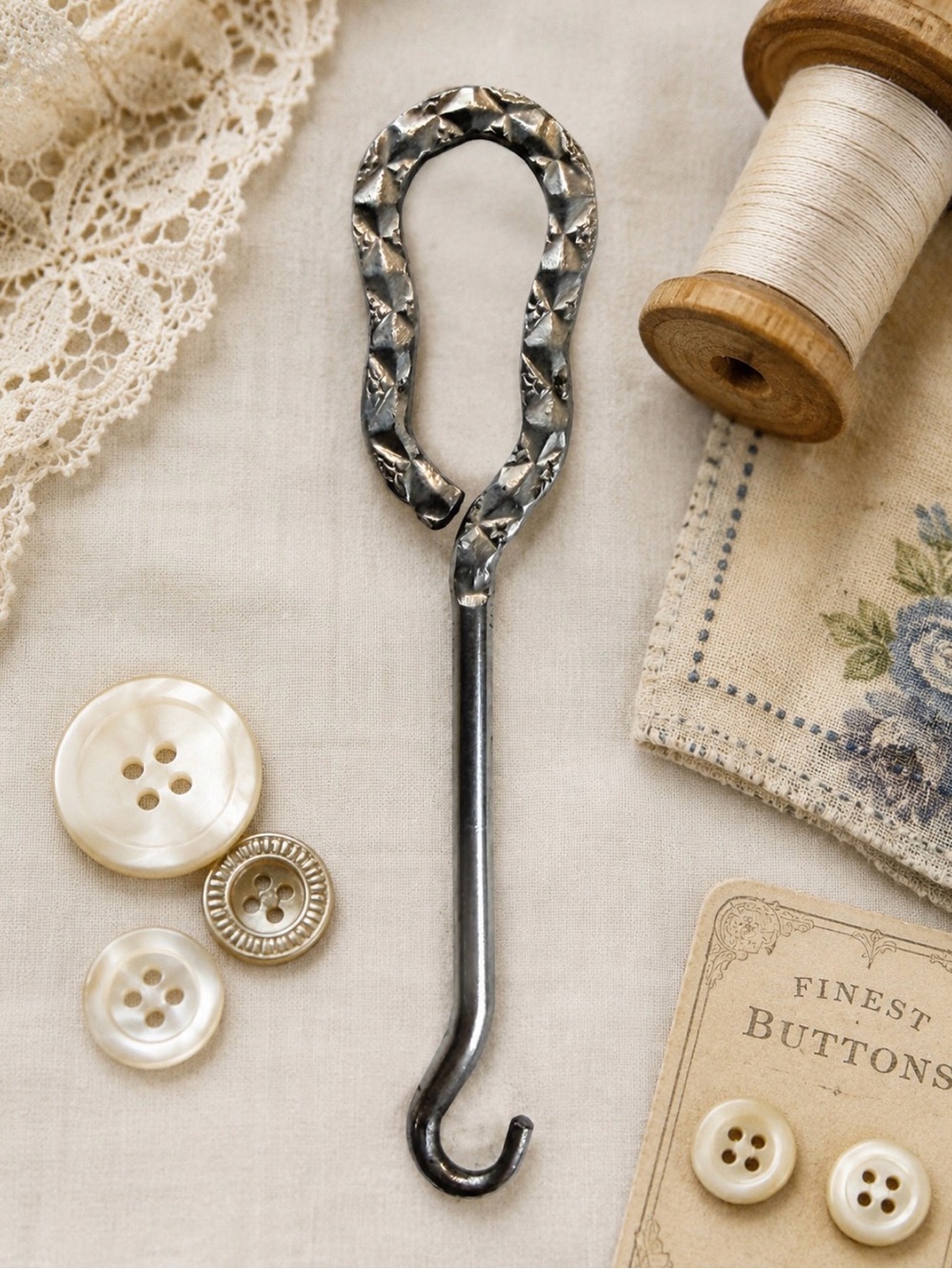 Antique/Vintage Silver Hammered Metal Button Hook Sewing Tool, OS